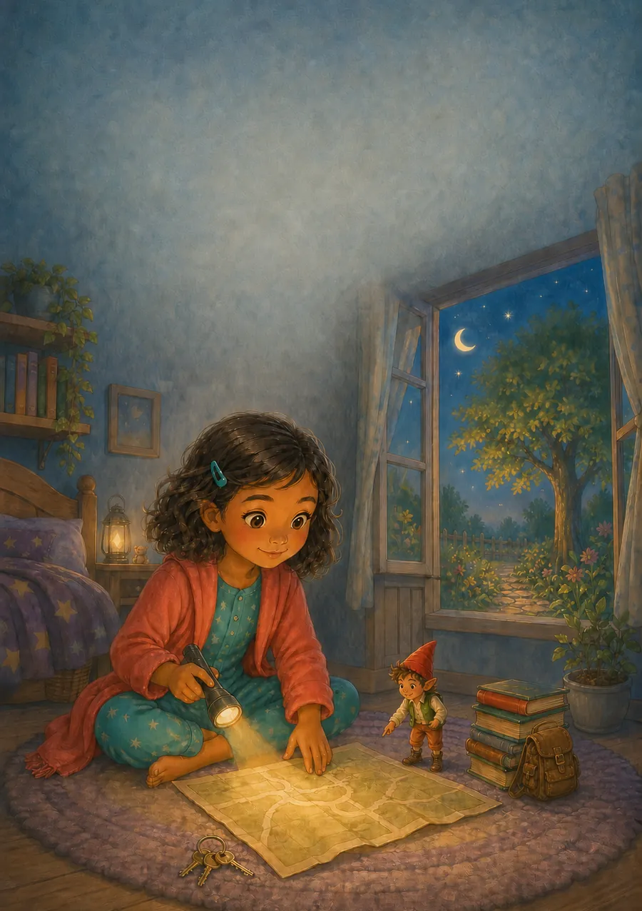 Luna und Noruli folgen am Abend einer leuchtenden Karte im Kinderzimmer.